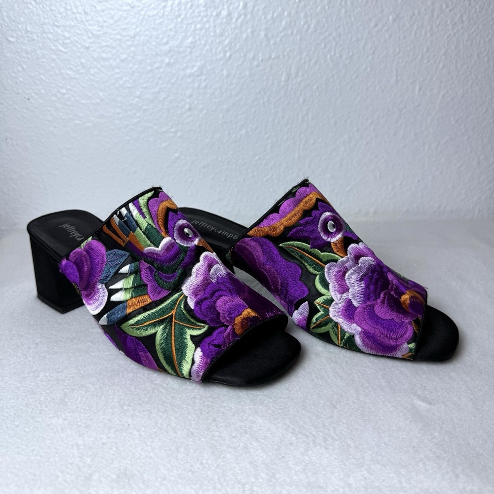 Jeffrey Campbell Floral Bird Embroidered Mules Heels Women's 10 Boho Purple